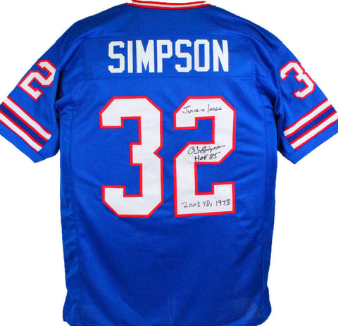 OJ Simpson Autographed Blue Pro Style Jersey w/3 Insc.- JSA W *Black