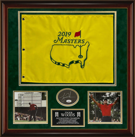 Tiger Woods Signed Autographed Cut w/ 2019 Masters Flag Framed to 24x24 JSA