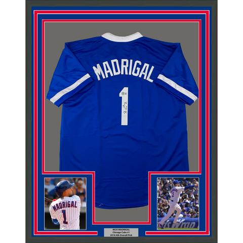 Framed Autographed/Signed Nick Madrigal 33x42 Chicago Blue Jersey BAS COA