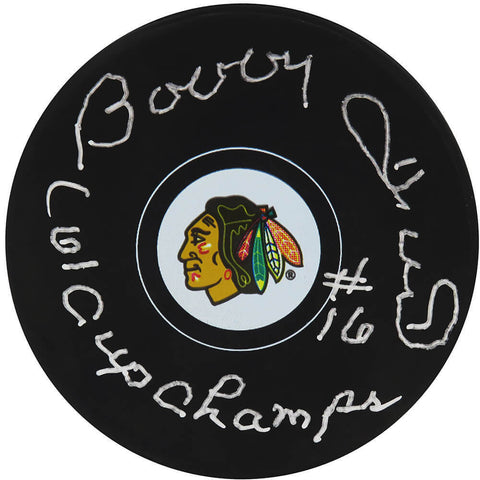 Bobby Hull Signed Blackhawks Team Logo Hockey Puck w/61 Champs - (SCHWARTZ COA)