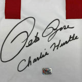 FRAMED Autographed/Signed PETE ROSE Charlie Hustle 33x42 White Jersey Holo COA 1