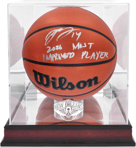 Brandon Ingram Pelicans Signed Wilson Ball w/Insc & Mahogany Logo Display Case