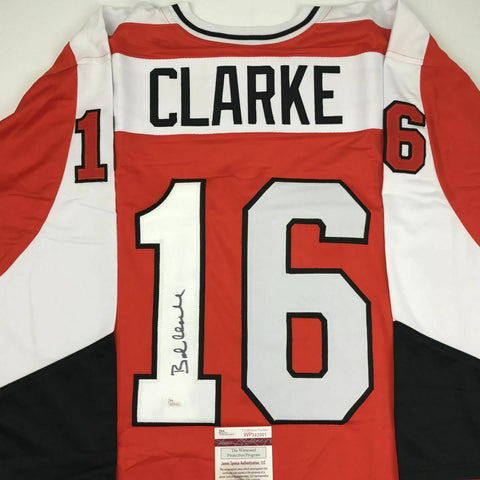 Autographed/Signed BOBBY BOB CLARKE Philadelphia Orange Hockey Jersey JSA COA