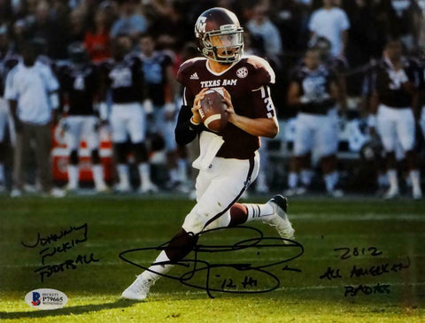 Johnny Manziel Signed Texas A&M 8x10 Rolling Out Photo w/3 Isnc- Beckett Auth