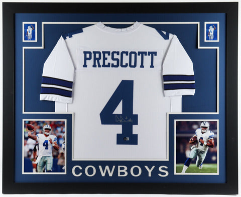 Dak Prescott Signed Cowboy 35x43 Framed Jersey Display (Beckett) 2xPro Bowl Q.B.