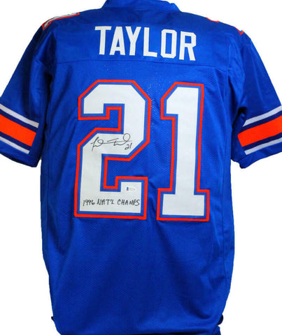 Fred Taylor Autographed Blue College Style Jersey w/ 96 Nat'l- Beckett W *Black
