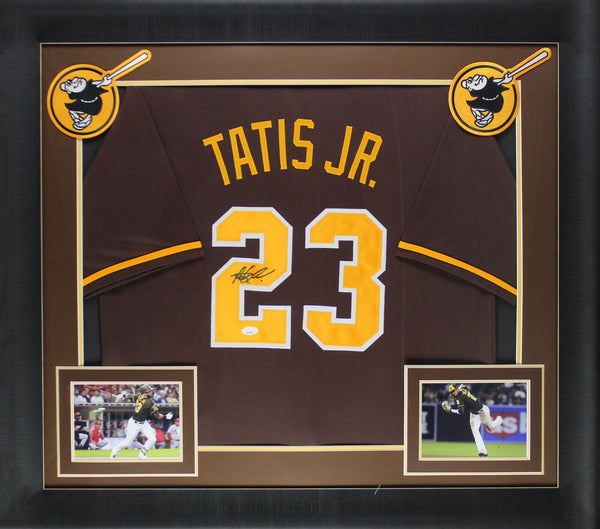 Fernando Tatis Jr. Signed Brown Pro Style Framed Jersey w/ Yellow #'s JSA