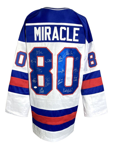 1980 USA Miracle On Ice (15) Team Signed Custom White Hockey Jersey JSA ITP