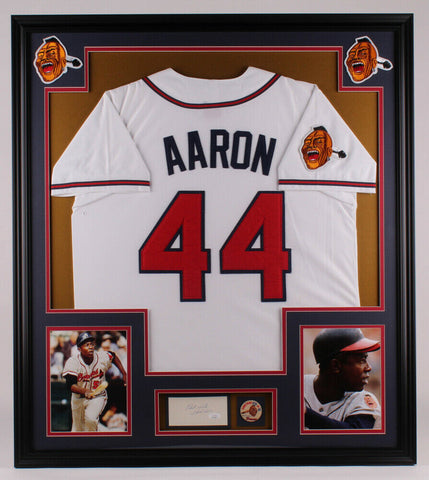 Hank Aaron Signed Braves 32x36 Framed Cut Display Inscribd "Best Wishes" JSA COA