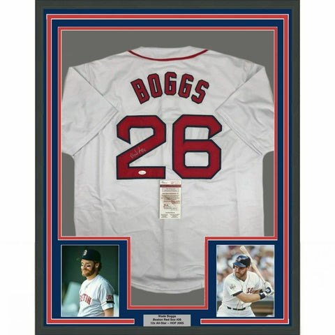FRAMED Autographed/Signed WADE BOGGS 33x42 Boston White Baseball Jersey JSA COA