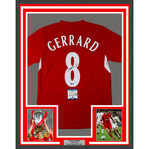 Framed Autographed/Signed Steven Gerrard 33x42 Liverpool Red Jersey BAS COA