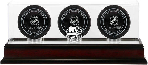 New York Islanders Mahogany Three Hockey Puck Logo Display Case