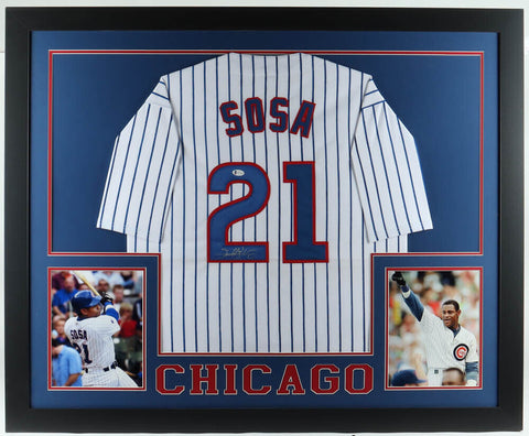 Sammy Sosa Signed Chicago Cubs 35"x 43" Framed Pinstriped Home Jersey (Beckett)