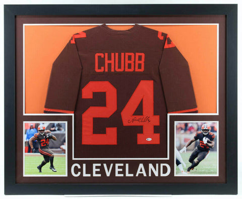 Nick Chubb Signed Brown 35x 43 Framed Color Rush Jersey (Beckett COA) Rnd #2 Pk