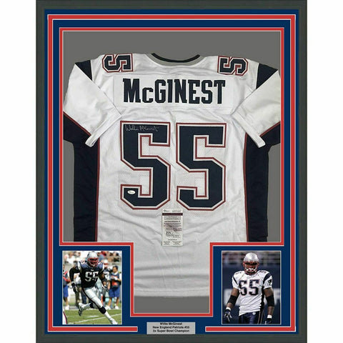 FRAMED Autographed/Signed WILLIE MCGINEST 33x42 New England White Jersey JSA COA