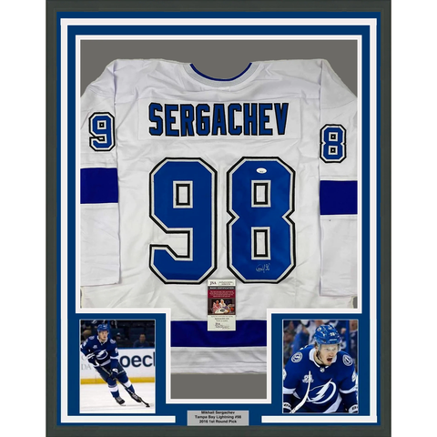 Framed Autographed/Signed Mikhail Sergachev 33x42 Tampa Bay White Jersey JSA COA