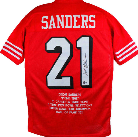 Deion Sanders Autographed Red Pro Style Stat Jersey- Beckett W *Black *1