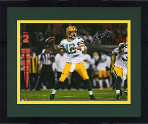 FRMD Aaron Rodgers Green Bay Packers Signed 16x20 White Jersey Passing Photo