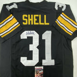 Autographed/Signed DONNIE SHELL Pittsburgh Black Football Jersey JSA COA