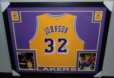 Magic Johnson Signed Lakers 35" x 43" Framed Jersey (JSA COA) 5xNBA Champion