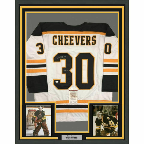 FRAMED Autographed/Signed GERRY CHEEVERS HOF 33x42 Boston White Jersey JSA COA