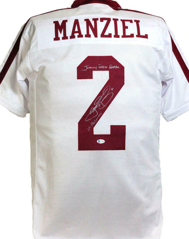 Johnny Manziel Autographed White College Style Jersey w/ 2 Insc- Beckett W*Silvr