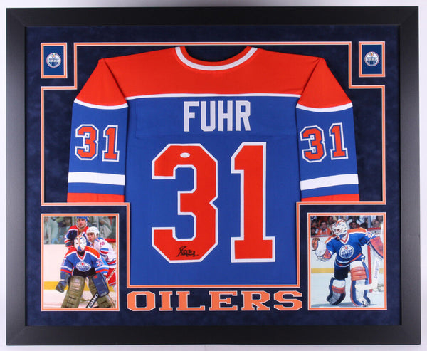 Grant Fuhr Signed Edmonton Oiler 35x43 Custom Framed Jersey (JSA COA) 6xAll Star