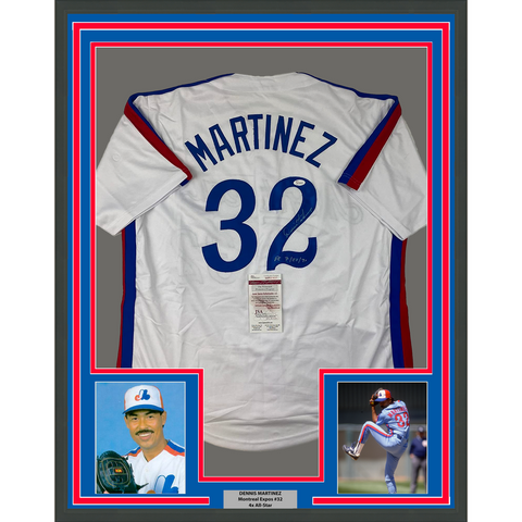 Framed Autographed/Signed Dennis Martinez 33x42 Montreal White Jersey JSA COA