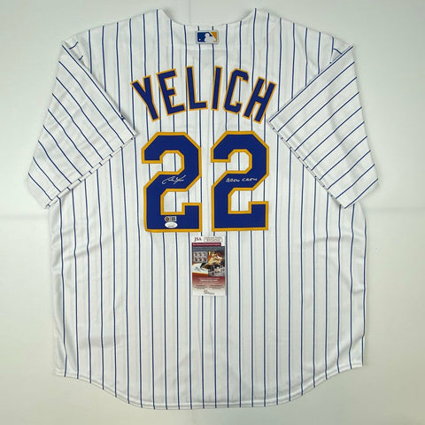 Autographed/Signed Christian Yelich Brew Crew Brewers Pinstripe Jersey JSA COA