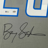 FRAMED Autographed/Signed BARRY SANDERS 33x42 Detroit Lions Grey Jersey BAS COA