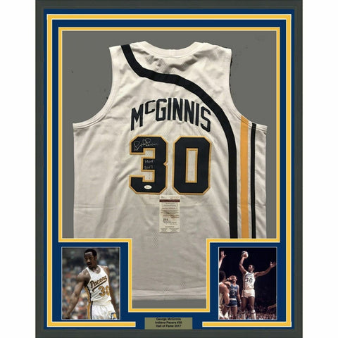 FRAMED Autographed/Signed GEORGE MCGINNIS 33x42 Indiana White Jersey JSA COA