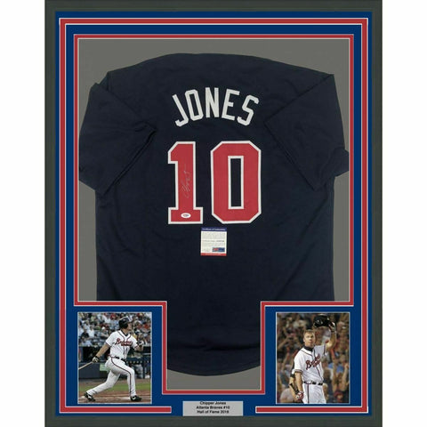 FRAMED Autographed/Signed CHIPPER JONES 33x42 Blue Baseball Jersey PSA/DNA COA