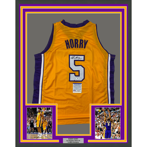 Framed Autographed/Signed Robert Horry 33x42 Los Angeles Yellow Jersey PSA COA