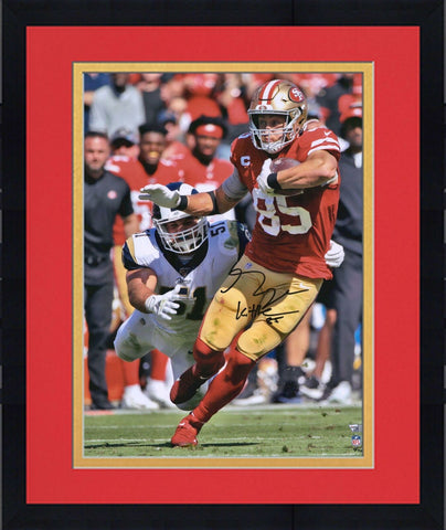 Frmd George Kittle SF 49ers Signed 16" x 20" Scarlet Jersey Running Photo