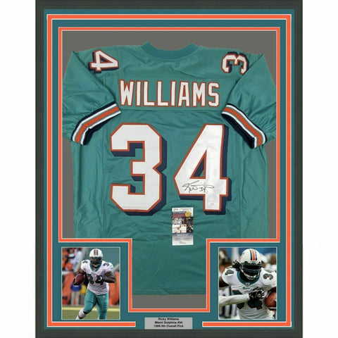 FRAMED Autographed/Signed RICKY WILLIAMS 33x42 Miami Teal Jersey JSA COA Auto