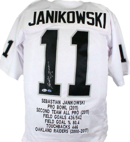 Sebastian Janikowski Autographed White Pro Style STAT Jersey- Beckett *Silver