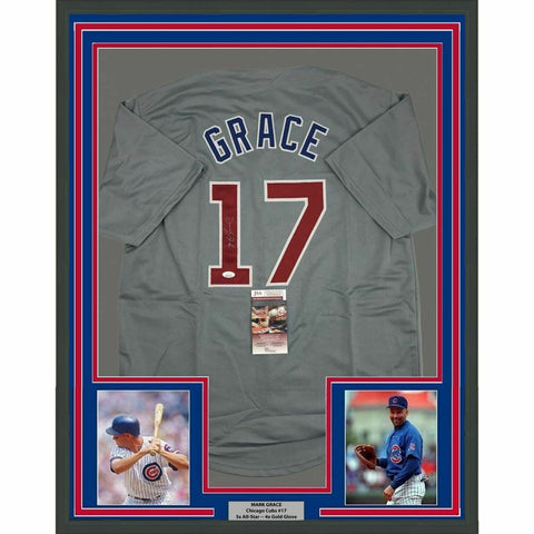 FRAMED Autographed/Signed MARK GRACE 33x42 Chicago Grey Baseball Jersey JSA COA