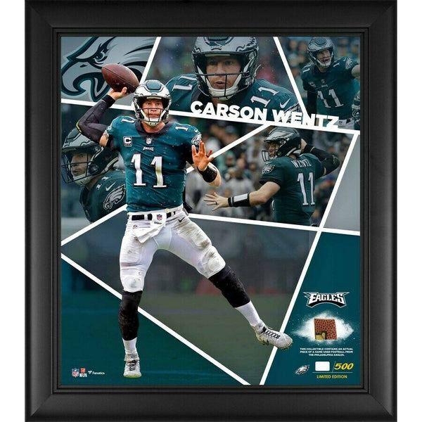 Carson Wentz Eagles Framed 15x17 Collage w/ Piece of Game-Used Football LE 500