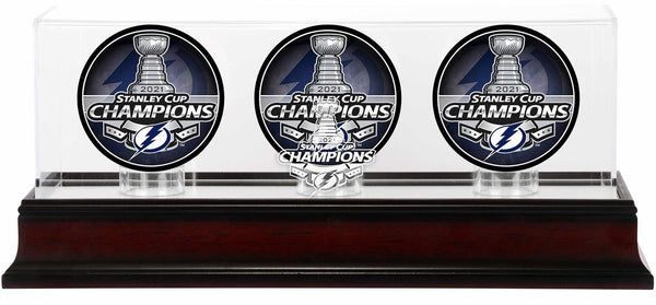 Lightning 2021 Stanley Cup Champs Mahogany Three Hockey Puck Logo Display Case
