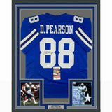 FRAMED Autographed/Signed DREW PEARSON 33x42 Dallas Blue Football Jersey JSA COA