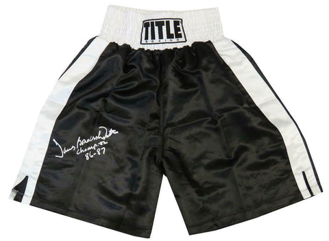 James Smith Signed Title Black & White Boxing Trunks w/Champion 86-87 - SS COA