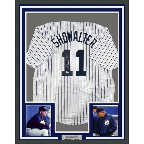 Framed Autographed/Signed Buck Showalter 33x42 New York Pinstripe Jersey MLB COA