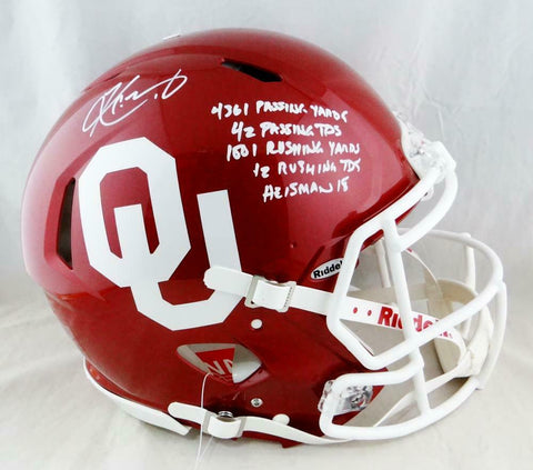 Kyler Murray Signed Oklahoma F/S Speed Authentic Helmet w/ 5 Stats- Beckett Auth
