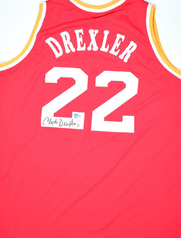 Clyde Drexler Autographed Red Pro Style Jersey- Beckett W Hologram *Black