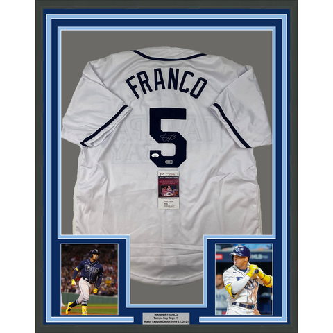 Framed Autographed/Signed Wander Franco 33x42 Tampa Bay White Jersey JSA COA