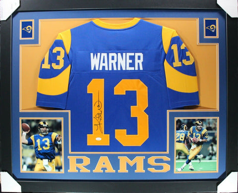 KURT WARNER (Rams throwback SKYLINE) Signed Autographed Framed Jersey JSA