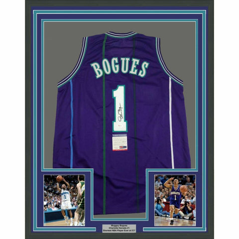 FRAMED Autographed/Signed MUGGSY BOGUES 33x42 Charlotte Purple Jersey PSA COA