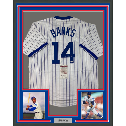 Framed Autographed/Signed Ernie Banks 33x42 Chicago Pinstripe Jersey JSA COA