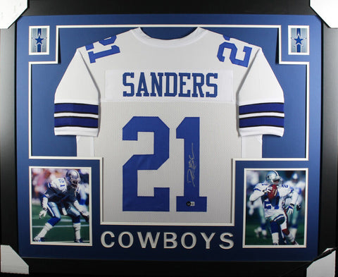 Deion Sanders Autographed/Signed Pro Style Framed White XL Jersey BAS 36995