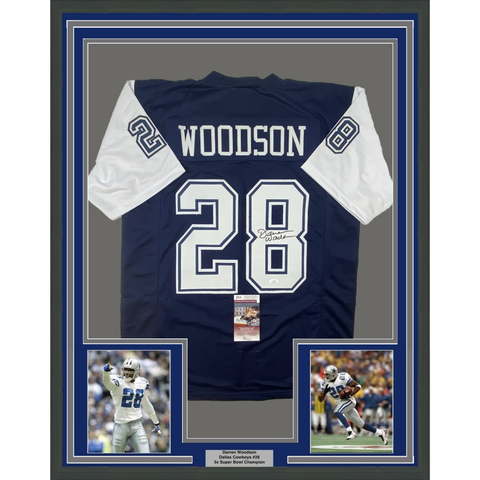 FRAMED Autographed/Signed DARREN WOODSON 33x42 Dallas Blue Jersey JSA COA
